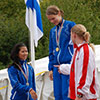 Prisutdelning 18-19 års klassen 5000m, Mikaela Löfbacka - silver, Jasmine Köykkä - guld, Josefine Klausen - brons (© Göran Richardsson)
